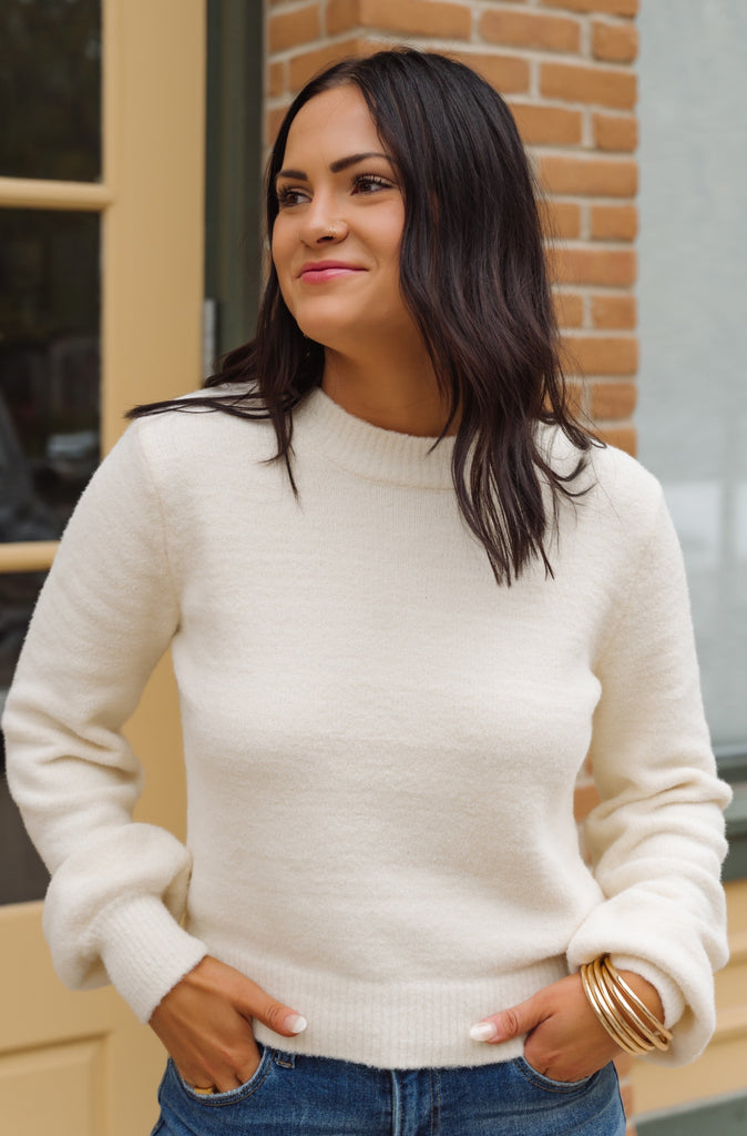 Lacey Crew Neck Balloon Sleeve Sweater - BluePeppermint Boutique