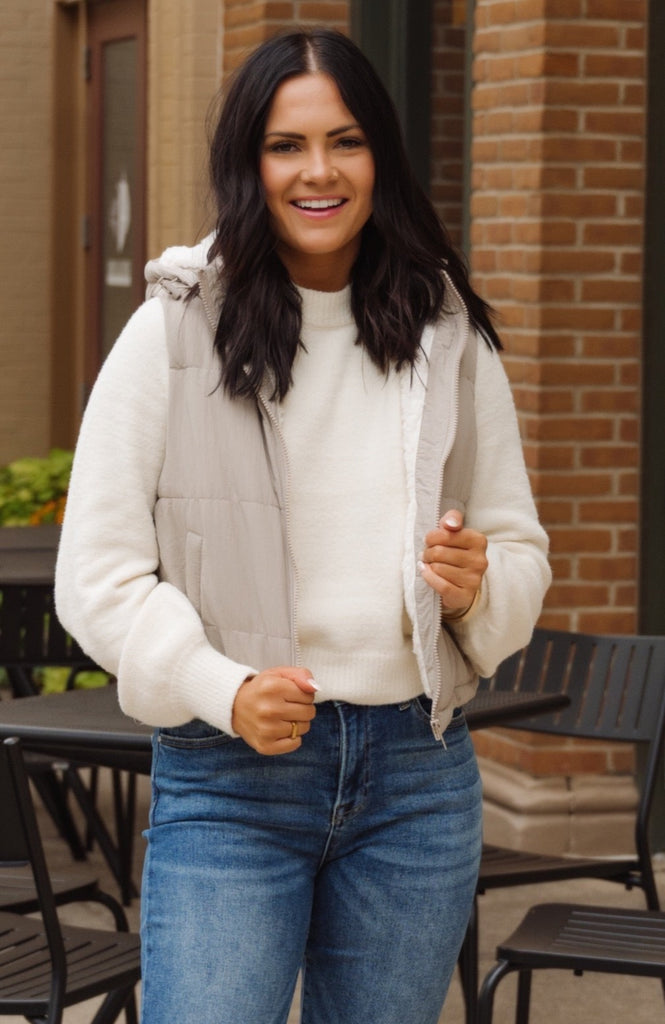 Hallmark Holiday Puffer Vest with White Fur and Hood - BluePeppermint Boutique