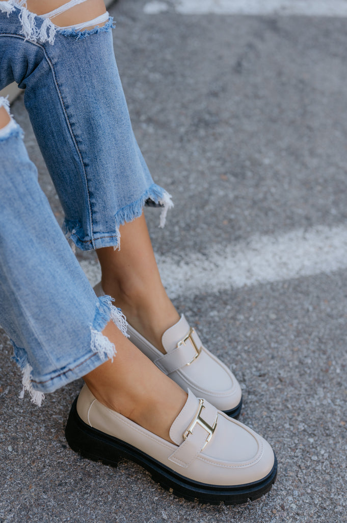 Laura Loafers with Gold Buckle-Bone - BluePeppermint Boutique