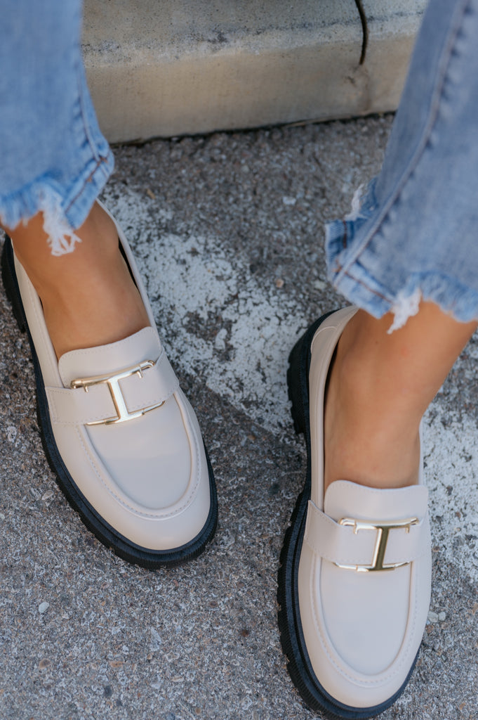 Laura Loafers with Gold Buckle-Bone - BluePeppermint Boutique