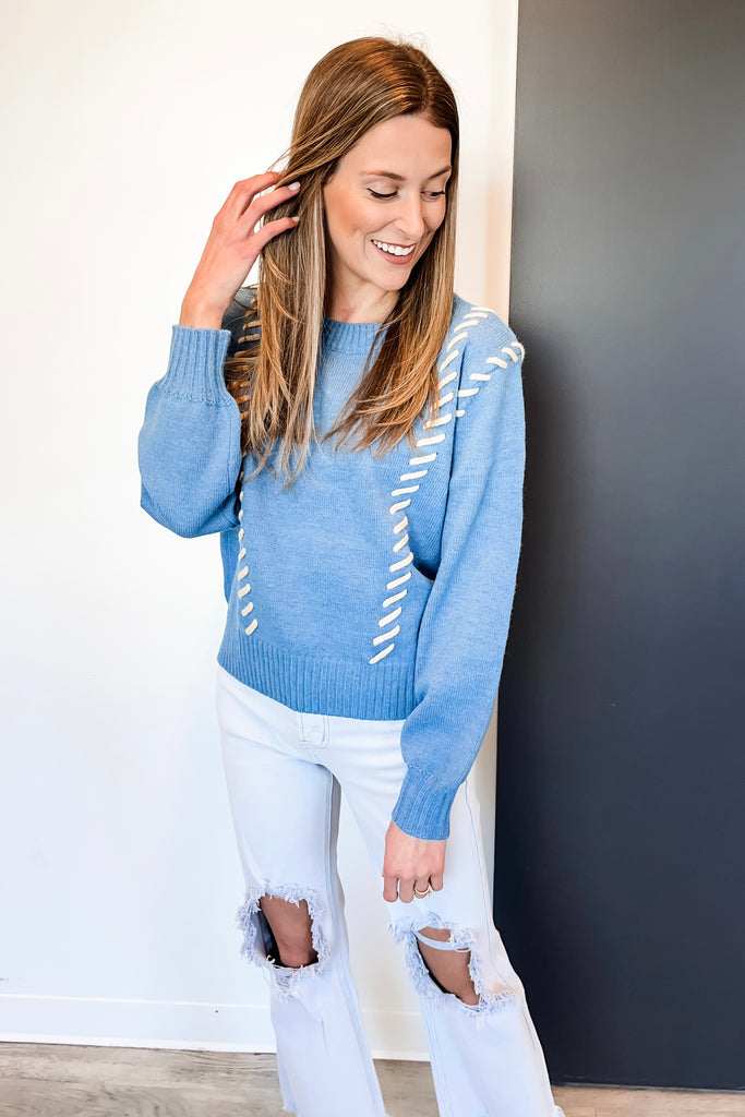 Ocean Blue Stitched Seam Sweater - BluePeppermint Boutique