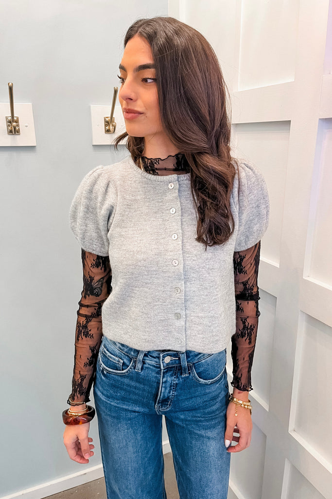 grey puff sleeve short sleeve sweater top