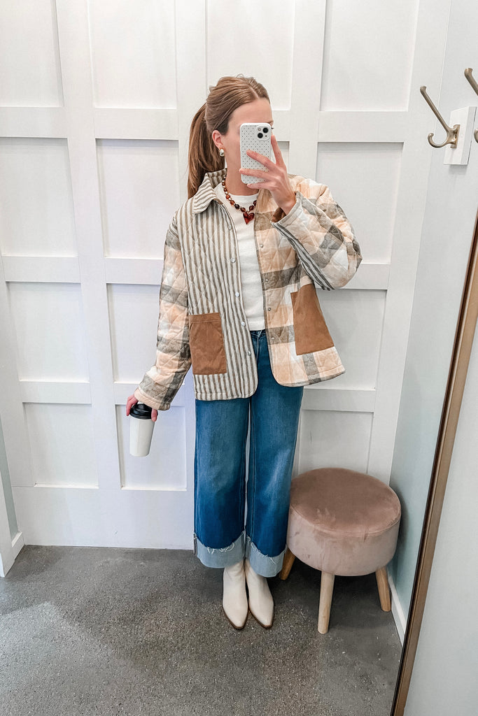 plaid and striped quilted jacket