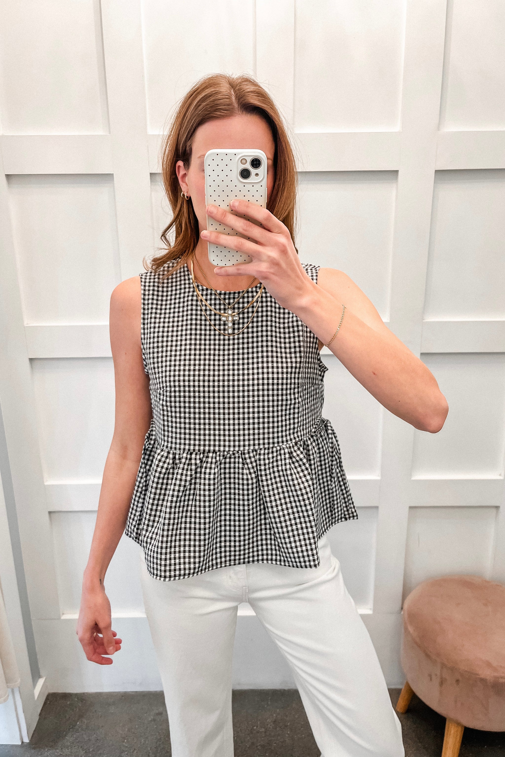 Tied Together Gingham Sleeveless Peplum Top - Black