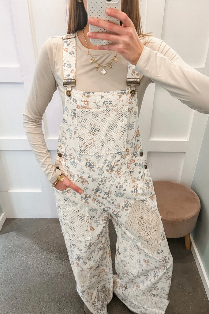 floral print crochet patch overalls