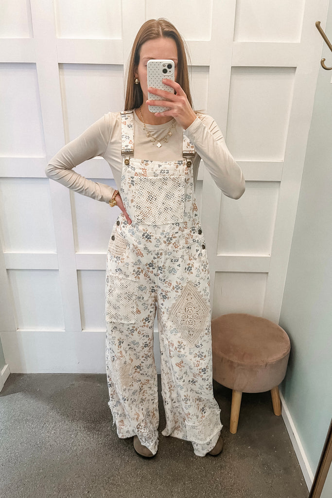 floral print crochet patch overalls
