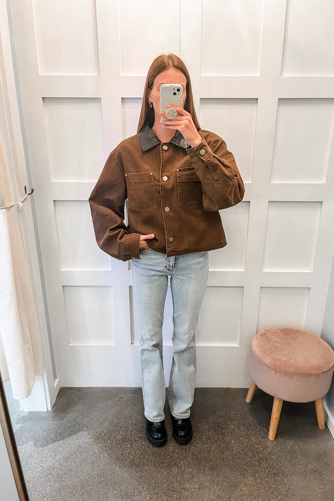 Cocoa Leather Trim Jacket - BluePeppermint Boutique