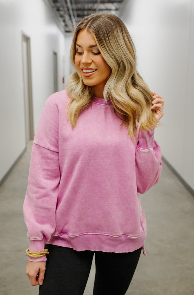 Distressed Fleece Highlow Pullover-Mauve - BluePeppermint Boutique