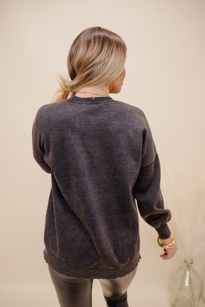 Distressed Fleece Highlow Pullover-Ash Black - BluePeppermint Boutique