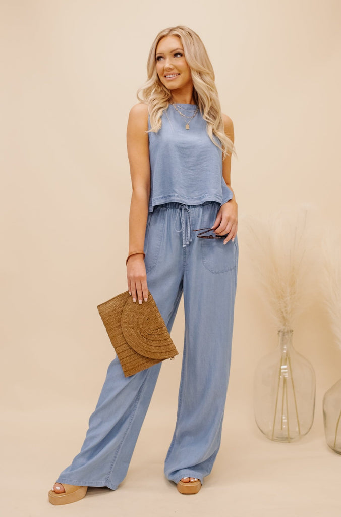 Back Button Sleeveless Chambray Top - BluePeppermint Boutique