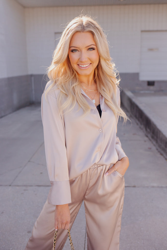 Solid Satin Button Up Top - BluePeppermint Boutique