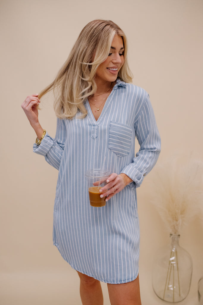 Macy Striped Mini Shirt Dress - BluePeppermint Boutique