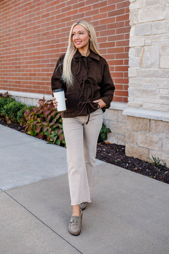 brown bow front felt jacket