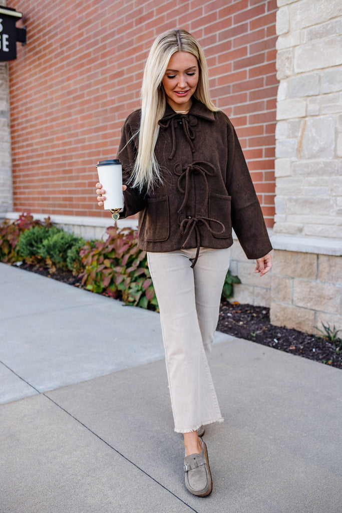 brown bow front felt jacket