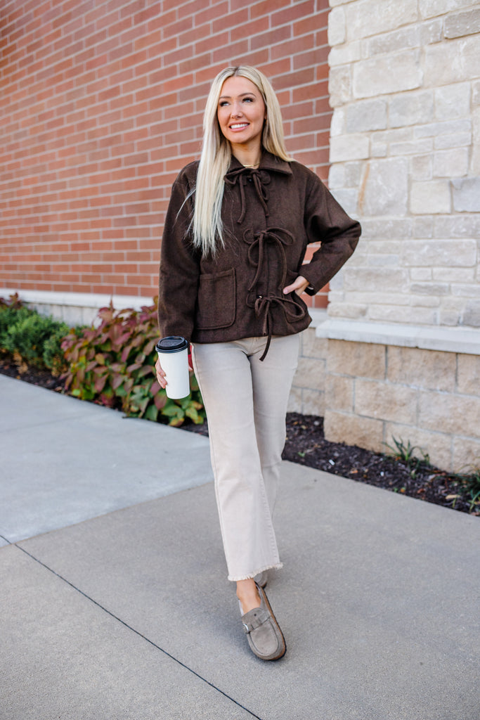 brown bow front felt jacket