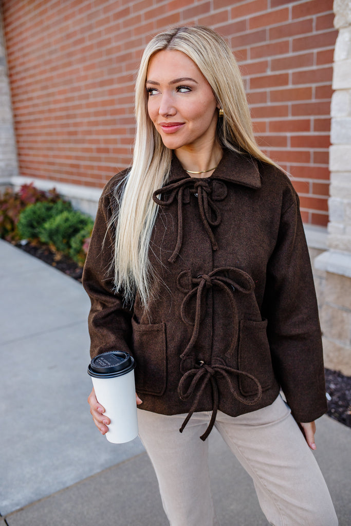 brown bow front felt jacket