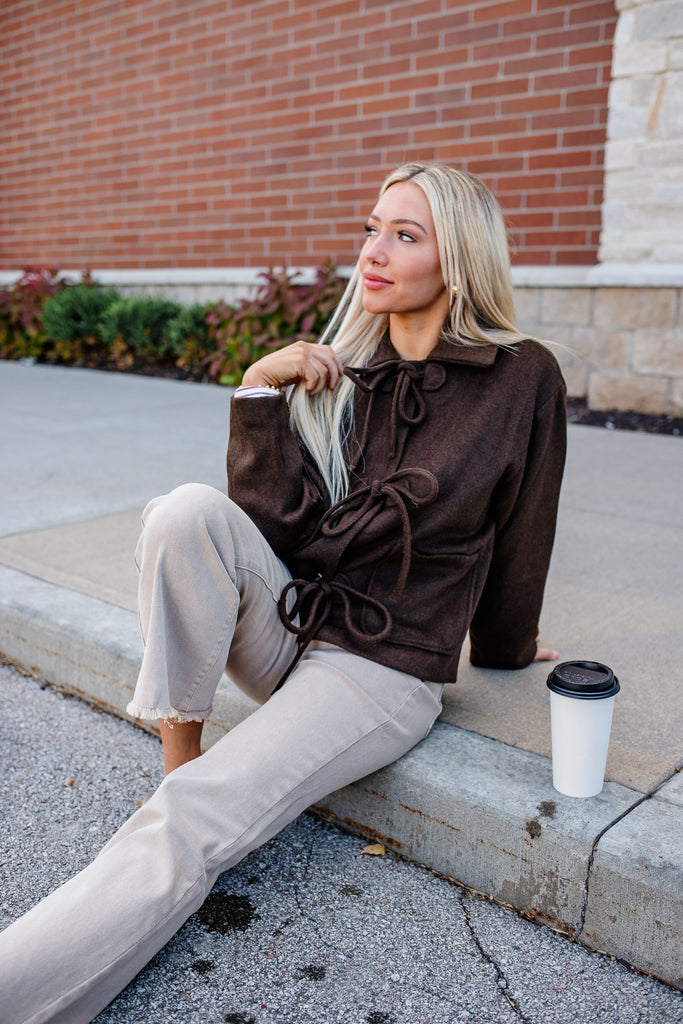 brown bow front felt jacket