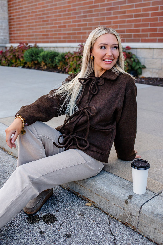 brown bow front felt jacket