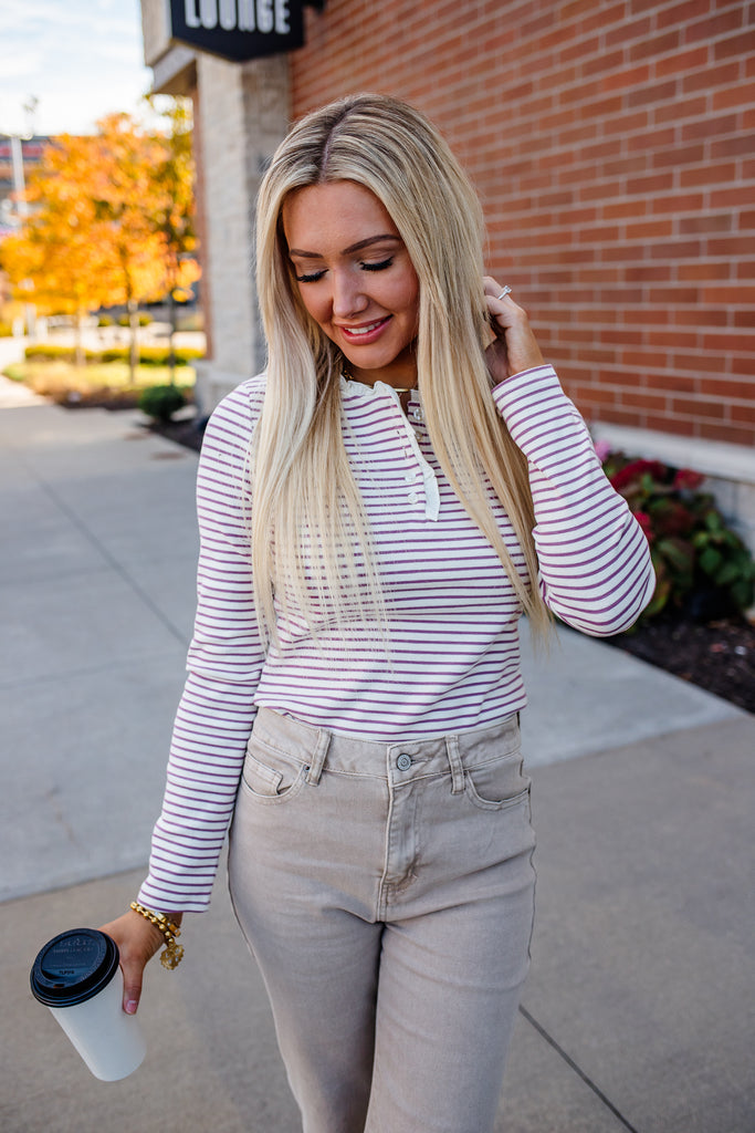 purple striped henley long sleeve
