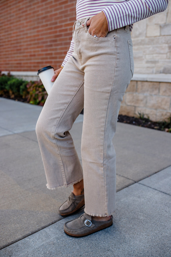 beige frayed jeans