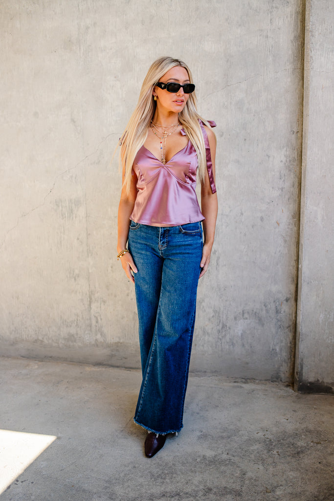 satin bow shoulder date night top