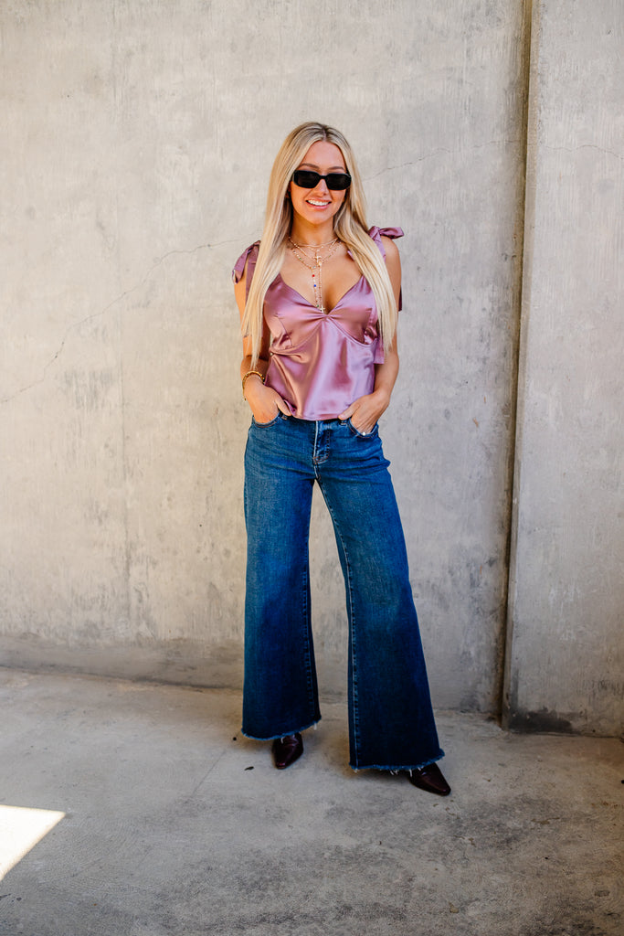 satin bow shoulder date night top