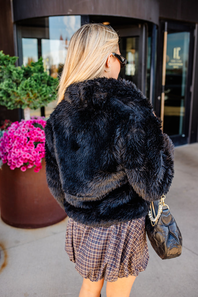 black cropped faux fur coat