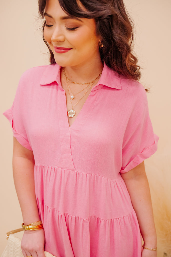 Nicki Linen V-Neck Tiered Dress-Pink - BluePeppermint Boutique