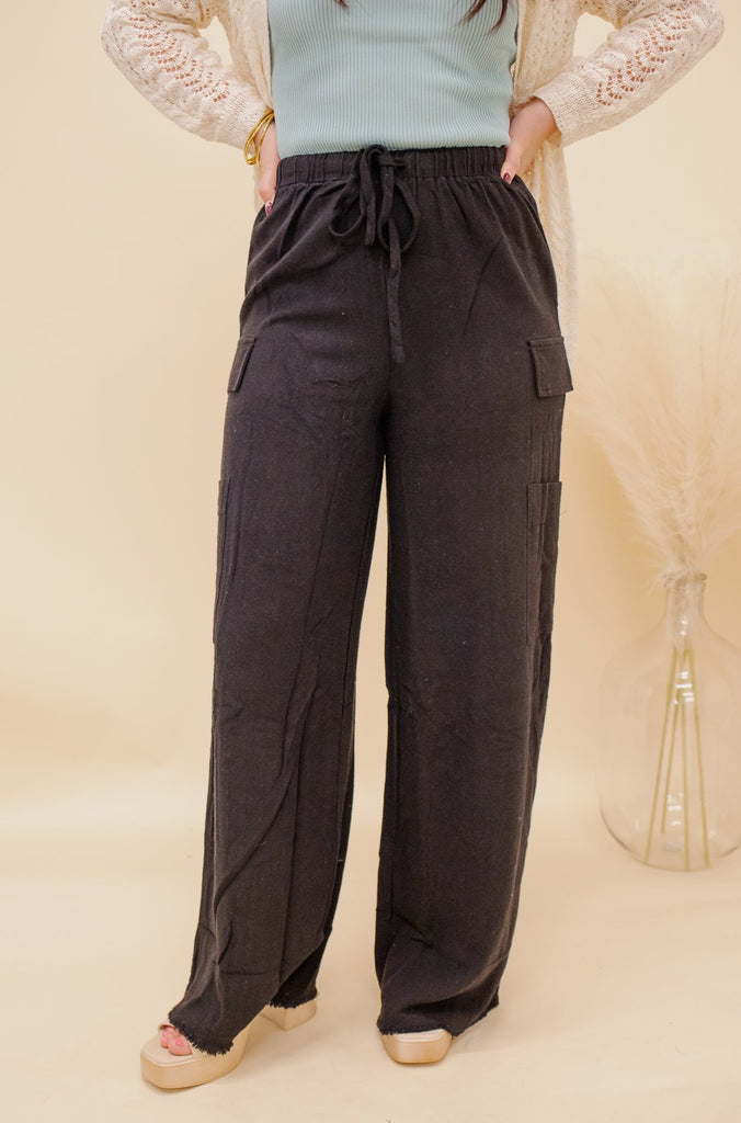 Linen Fringe Hem Cargo Pants-Black - BluePeppermint Boutique