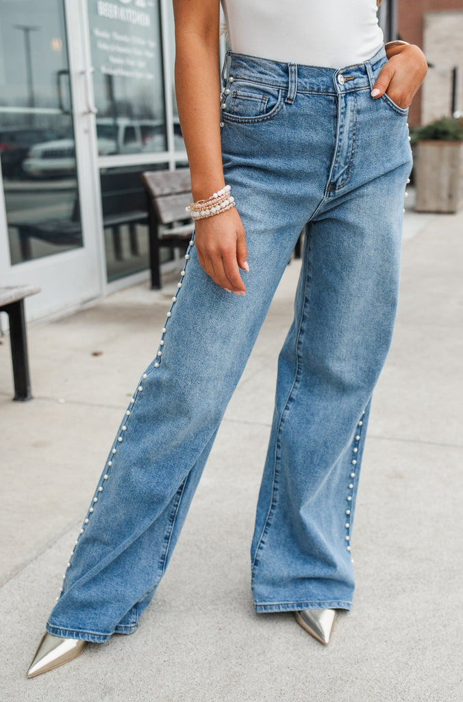 Pearl Embellished Wide Flare Jeans - BluePeppermint Boutique