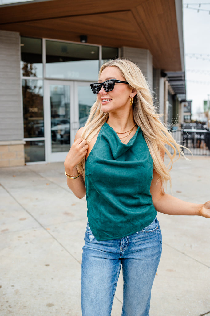 green suede cowl neck halter tank top