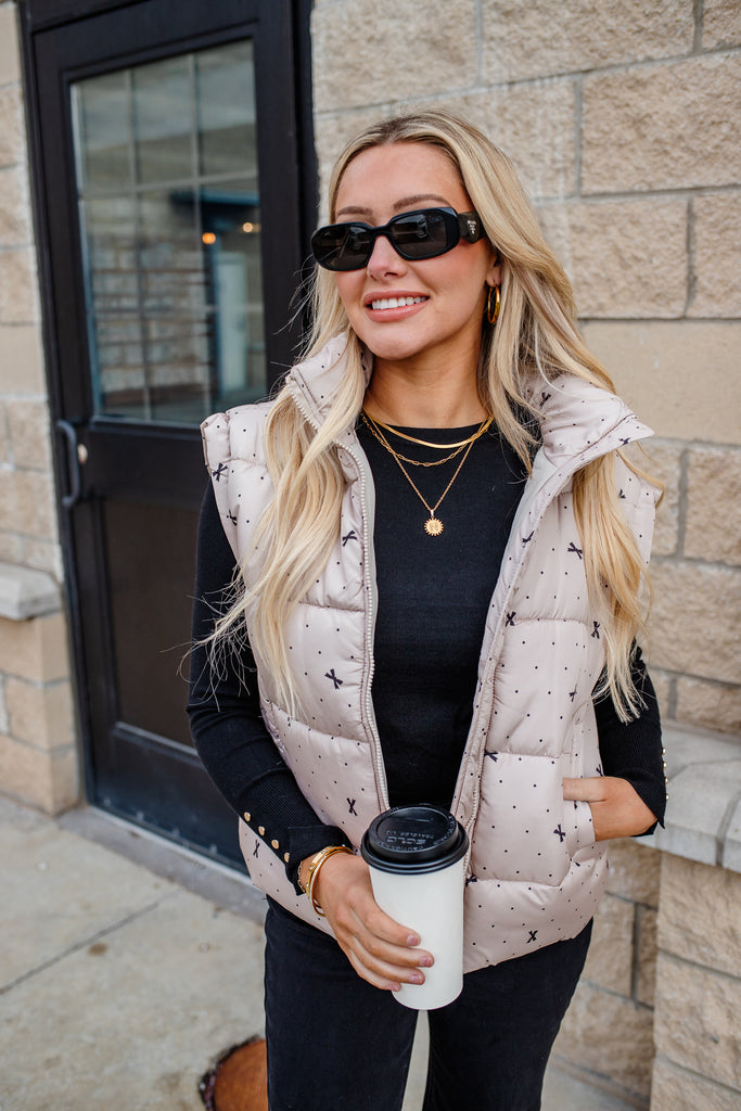 polka dot bow puffer vest