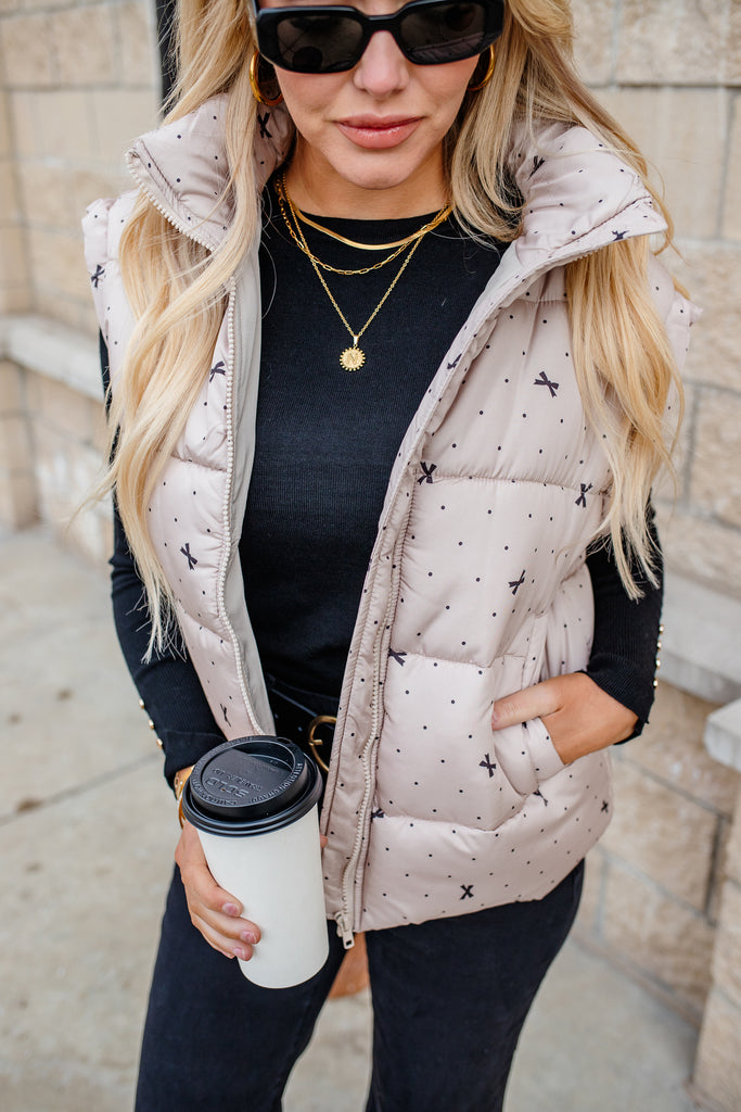 polka dot bow puffer vest