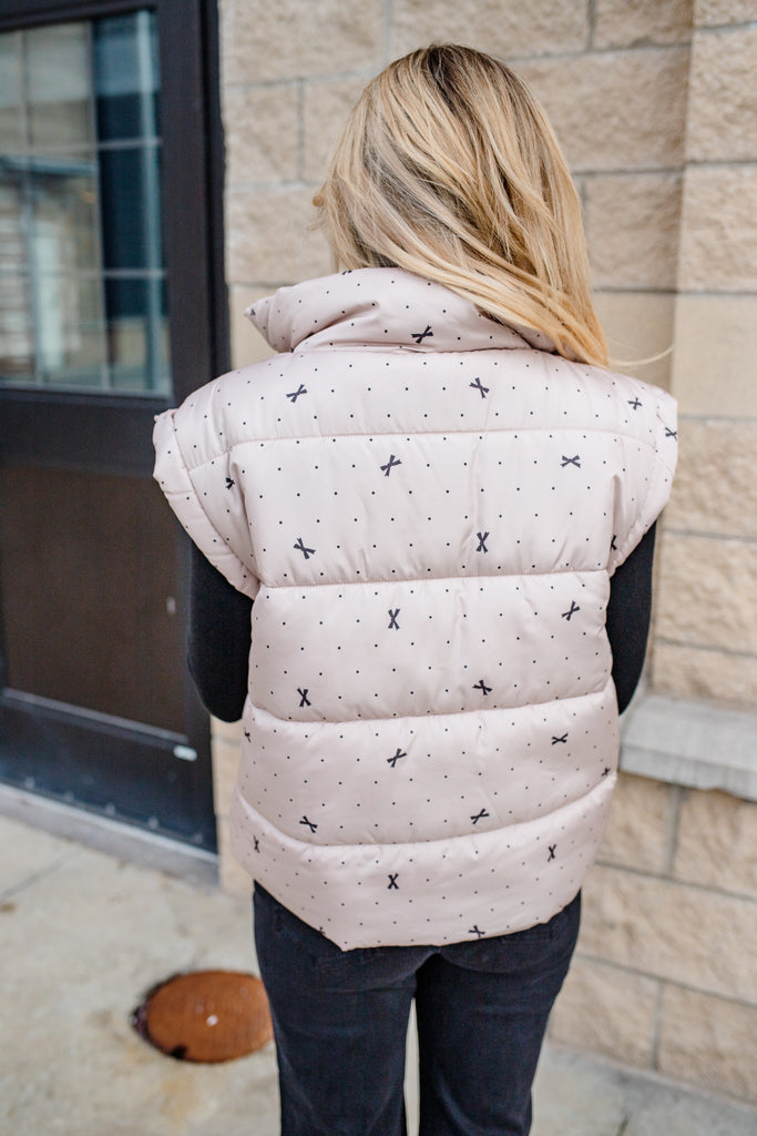 polka dot bow puffer vest