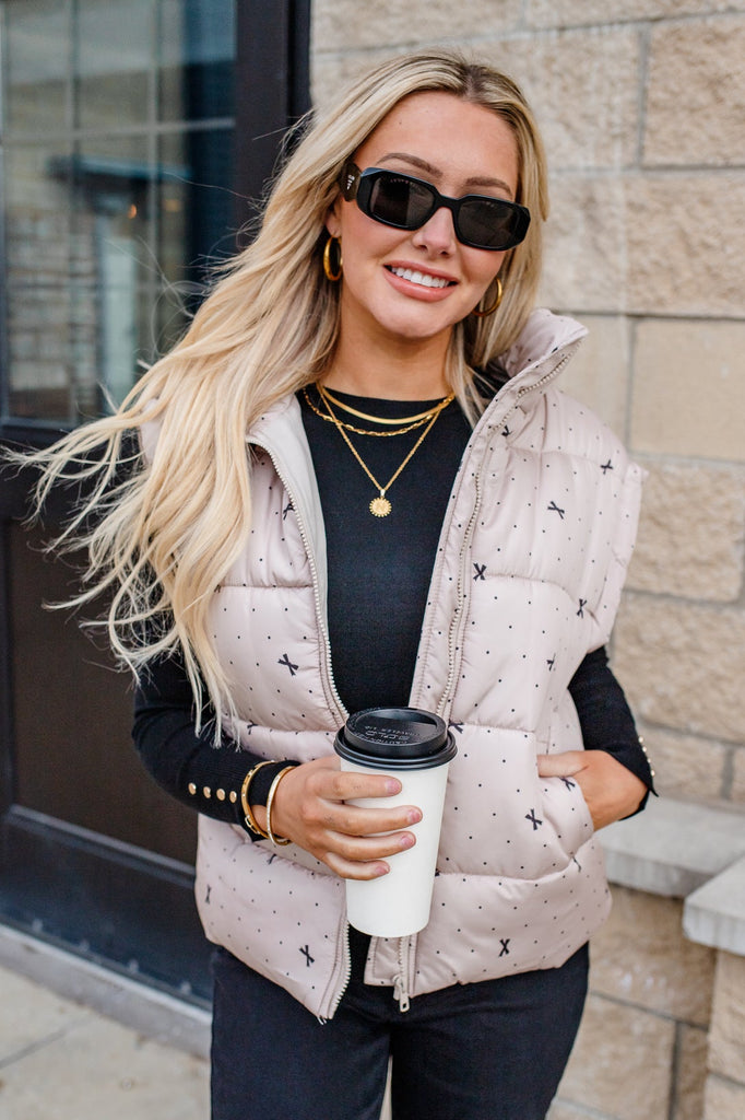 polka dot bow puffer vest