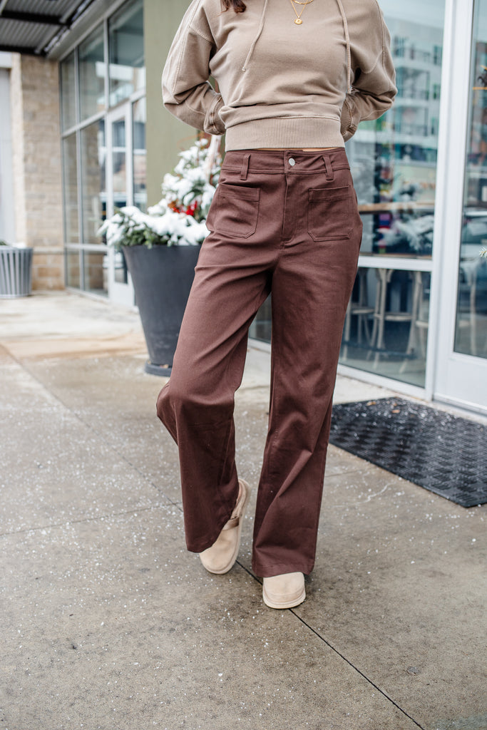 wide leg brown patch pocket pants