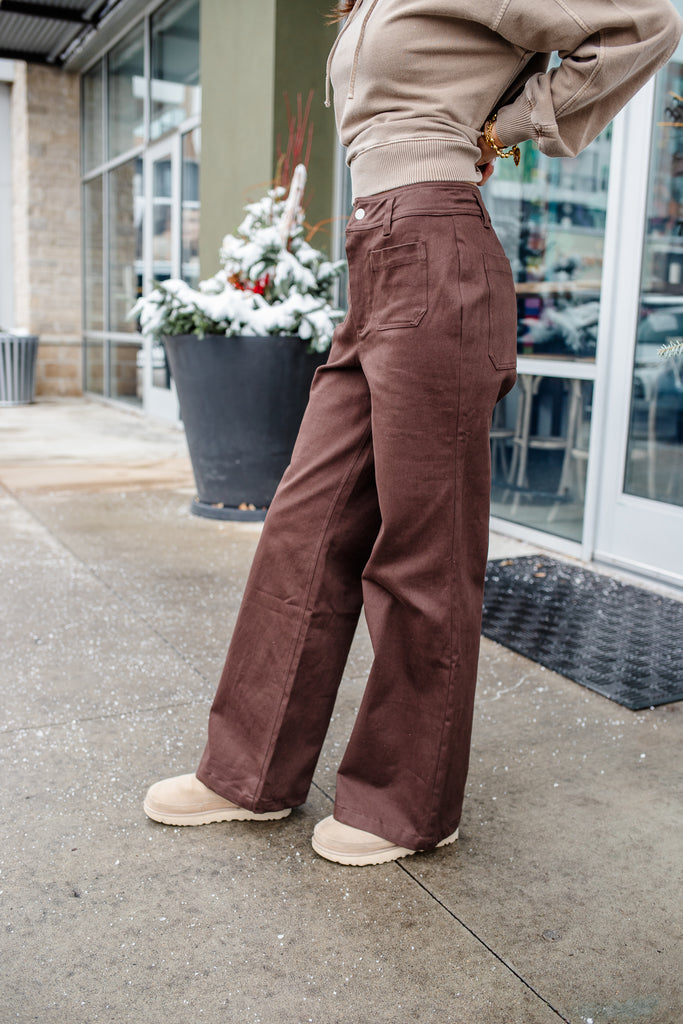 wide leg brown patch pocket pants