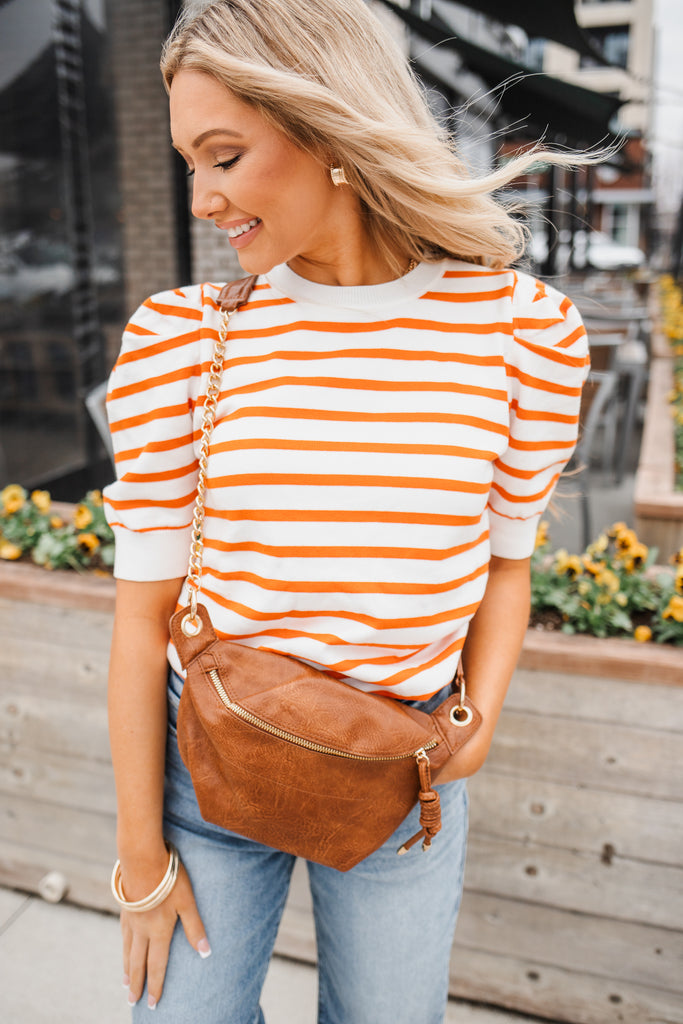 Orange You Happy Puff Sleeve Stripe Sweater - BluePeppermint Boutique