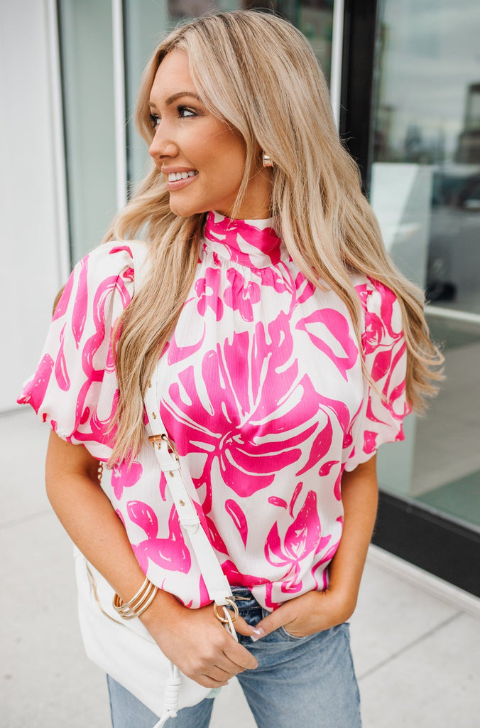 Flower Puff Sleeve Tie Neck Top - BluePeppermint Boutique