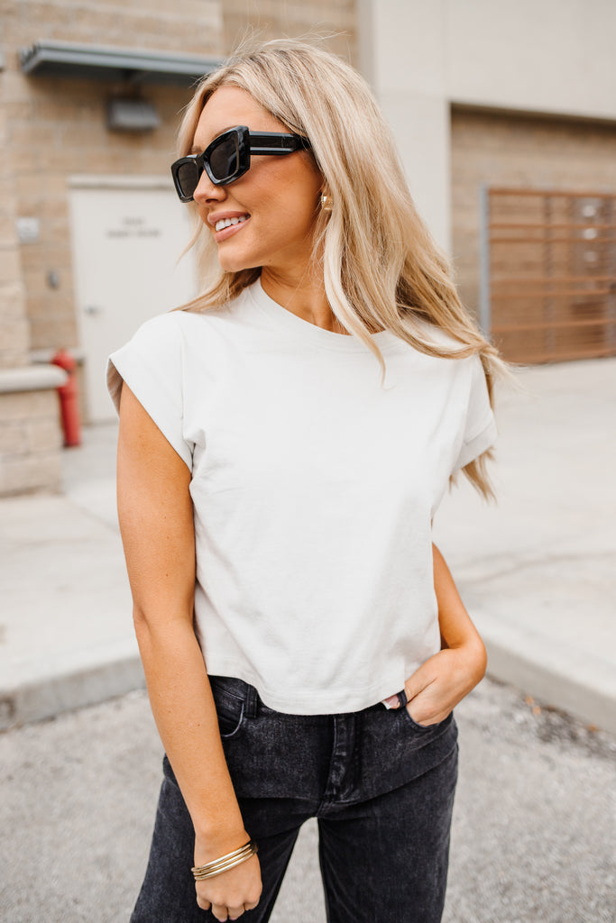 Carly Cotton Folded Sleeve Tee - BluePeppermint Boutique