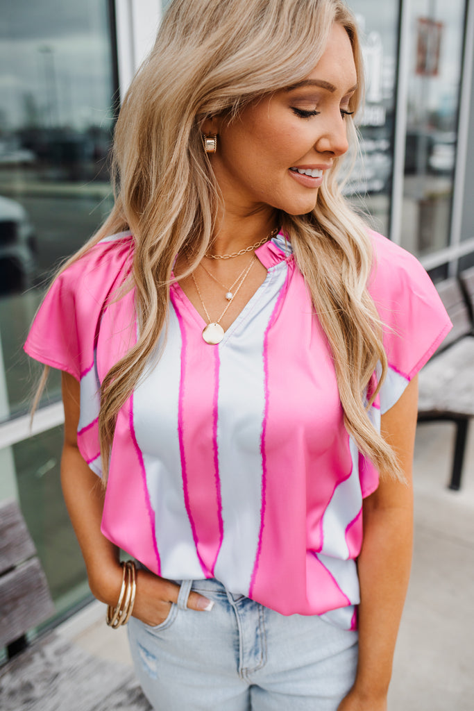 Belle Ruffle Collar Stripe Top-Pink - BluePeppermint Boutique