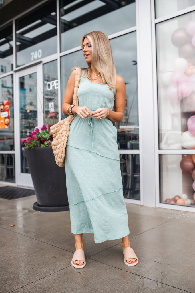 Terry Tank Drawstring Dress-Sage - BluePeppermint Boutique