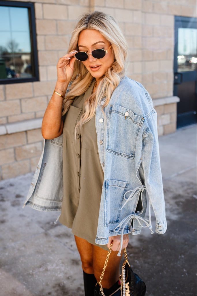 Side Tie Denim Jacket - BluePeppermint Boutique