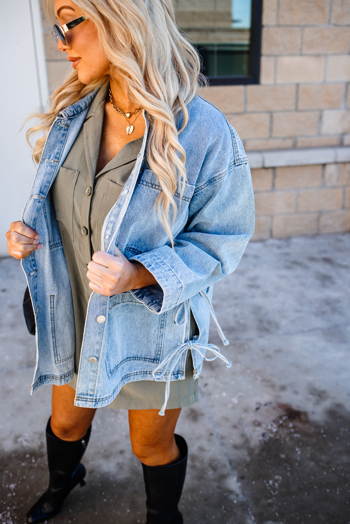 Side Tie Denim Jacket - BluePeppermint Boutique
