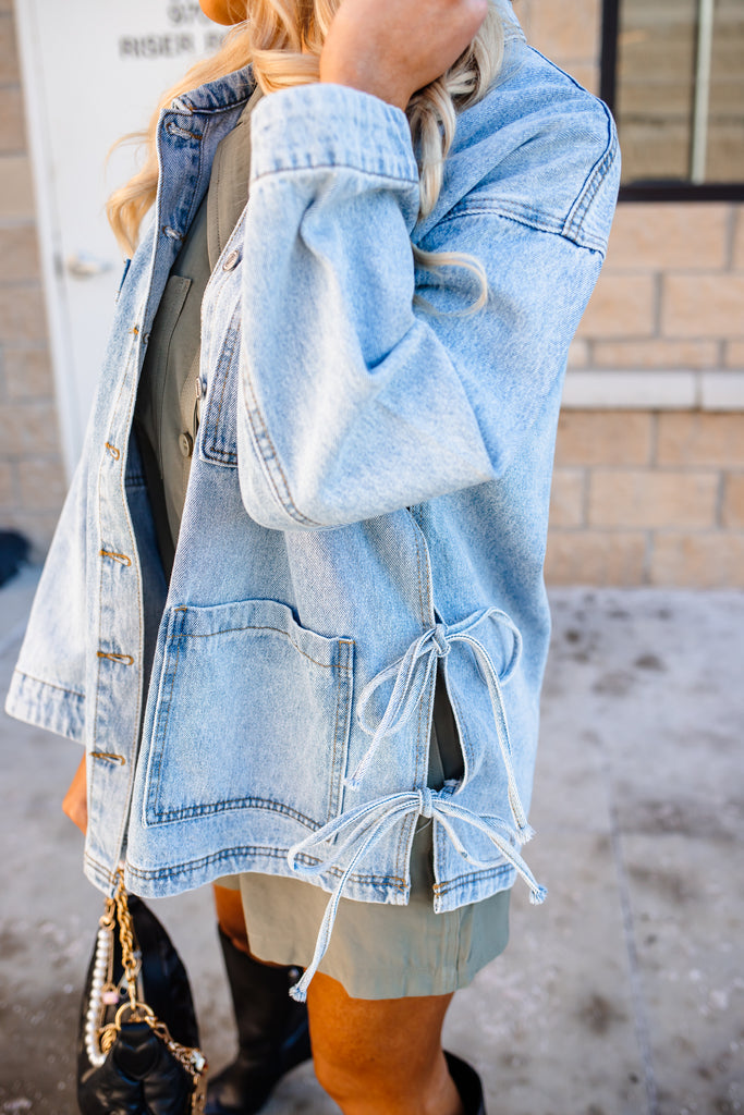 Side Tie Denim Jacket - BluePeppermint Boutique