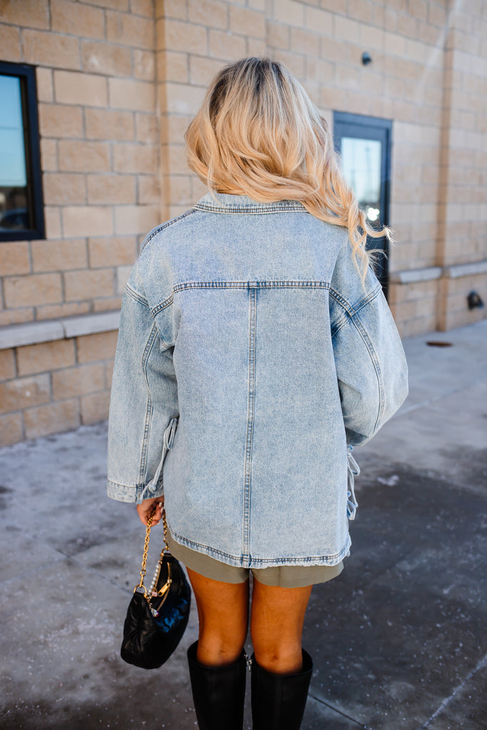 Side Tie Denim Jacket - BluePeppermint Boutique