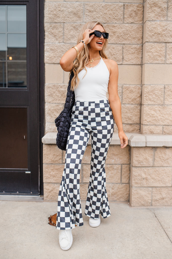 Finish Line Flared Checked Knit Pants - BluePeppermint Boutique
