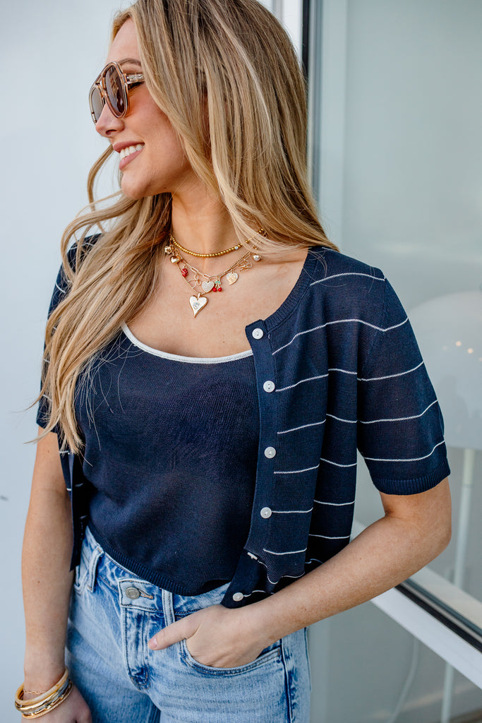 Two-for-One Stripe Cardigan Set - Navy/Tan | BluePeppermint Boutique
