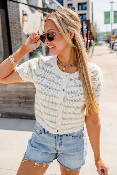 Scallop Edge Striped Short Sleeve Cardigan - Sage Green