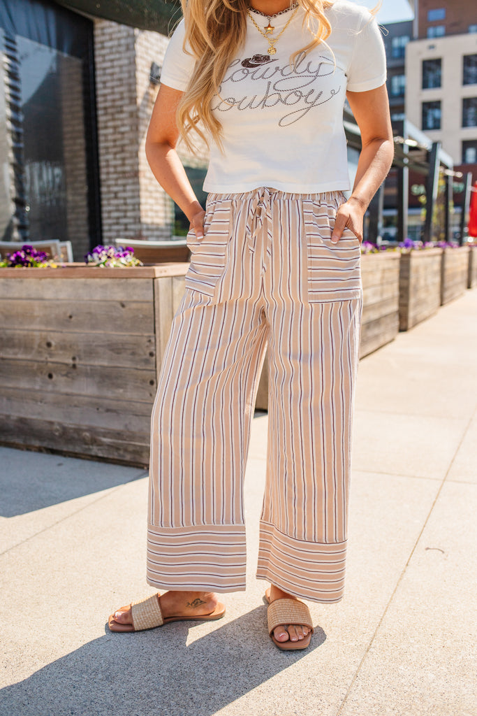 Stripe Stroll Woven Wide Leg Pants - Taupe Combo | BluePeppermint